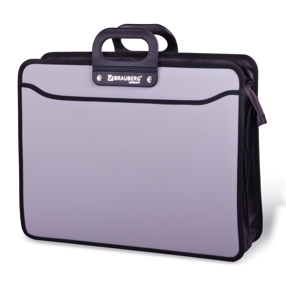 Папка-портфель пластиковая БОЛЬШОГО ФОРМАТА BRAUBERG "ПОРТФОЛИО", А3 (470х380х130 мм), 3 отделения, серая