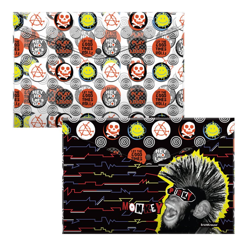 Набор из 4 папок-конвертов пластиковых ErichKrause Punky Monkey, A4, ассорти