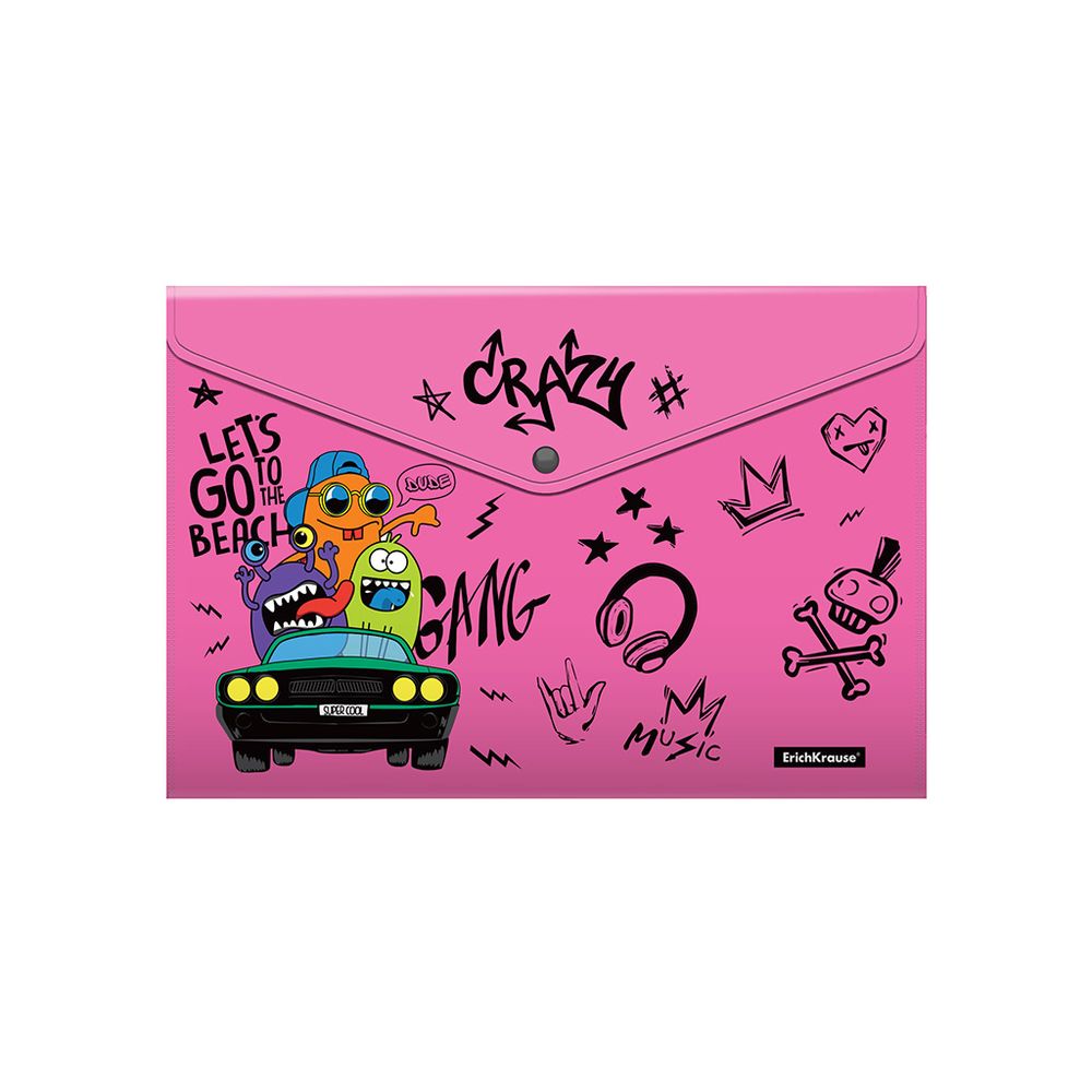 Набор из 4 папок-конвертов на кнопке пластиковых ErichKrause Funny Monsters, A4, ассорти