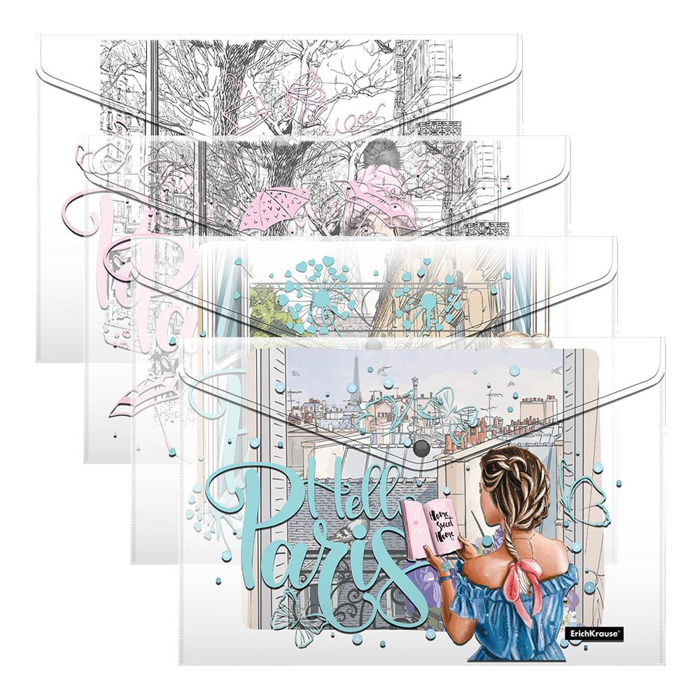 Набор из 4 папок-конвертов на кнопке пластиковых ErichKrause Dreamy Girls, A4, ассорти