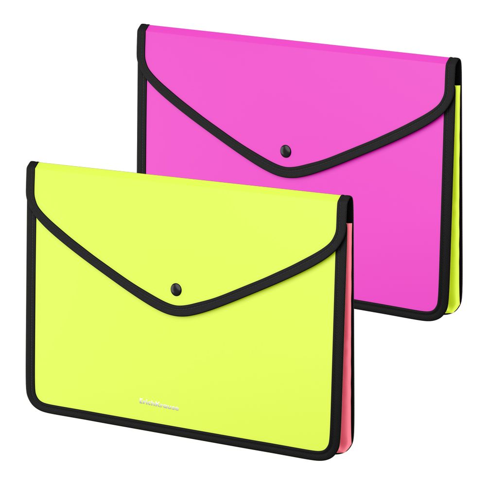 Папка-конверт на кнопке пластиковая ErichKrause Matt Neon, обшитая, с текстильной вставкой, A4, непрозрачный, ассорти