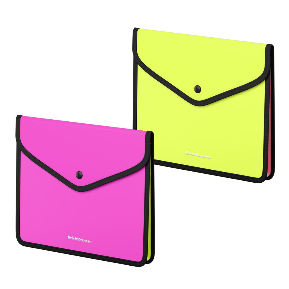 Папка-конверт на кнопке пластиковая ErichKrause Matt Neon, обшитая, с текстильной вставкой, A5+, непрозрачный, ассорти