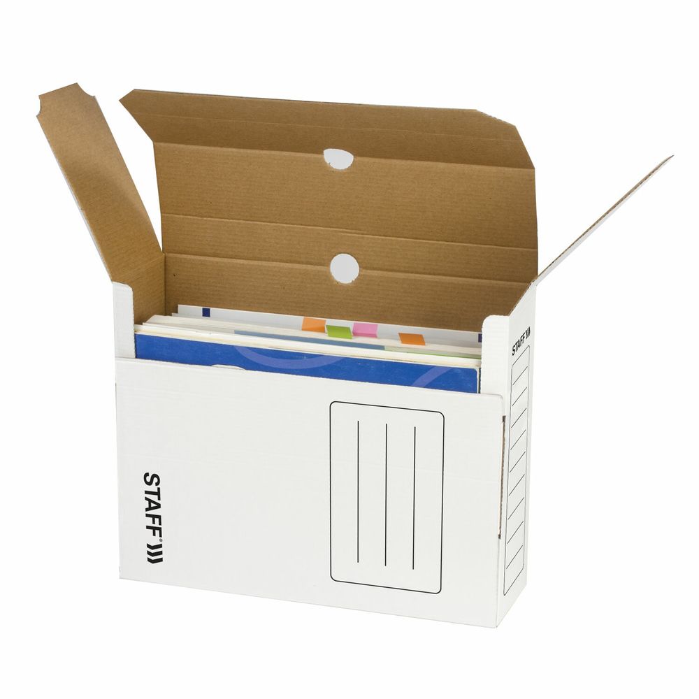 Короб архивный с клапаном А4 (260х325 мм), 100 мм, до 900 листов, микрогофрокартон, БЕЛЫЙ, STAFF