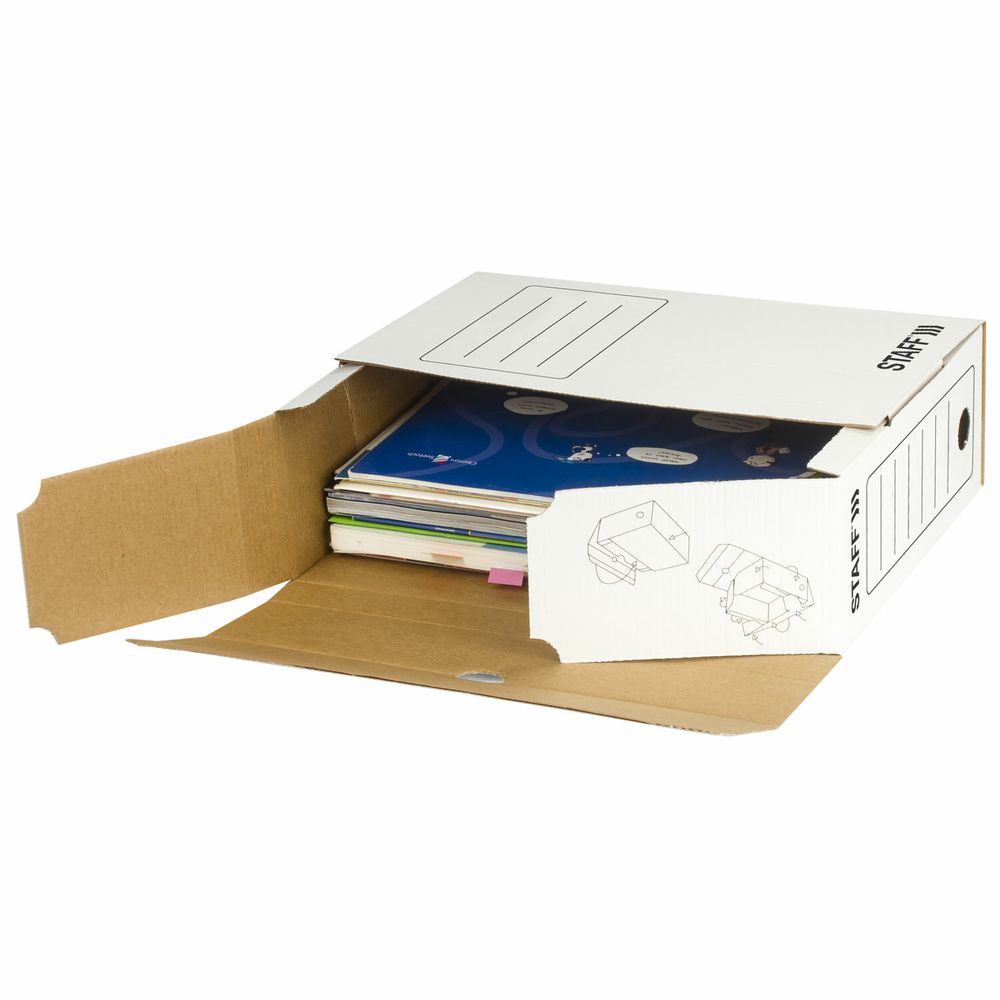 Короб архивный с клапаном А4 (260х325 мм), 100 мм, до 900 листов, микрогофрокартон, БЕЛЫЙ, STAFF