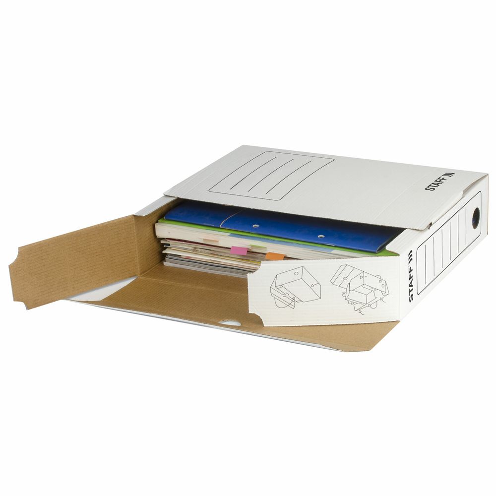 Короб архивный с клапаном А4 (260х325 мм), 75 мм, до 700 листов, микрогофрокартон, БЕЛЫЙ, STAFF