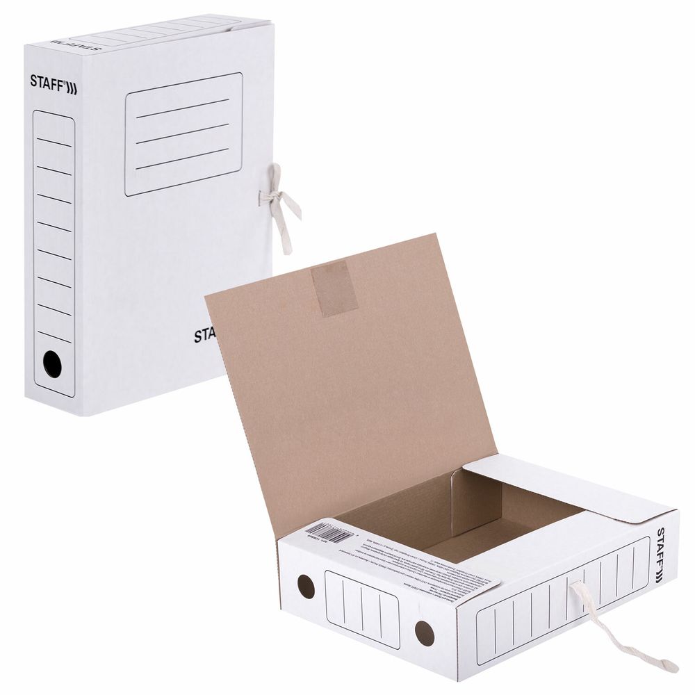 Папка архивная с завязками А4 (325х250 мм), 75 мм, до 700 листов, микрогофрокартон, БЕЛАЯ, STAFF