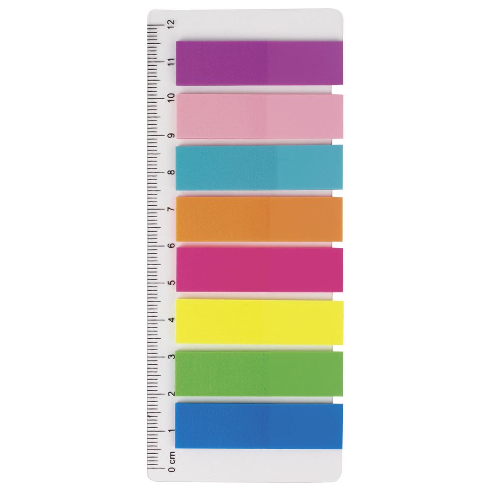 Закладки клейкие неоновые BRAUBERG, 45х12 мм, 200 штук (8 цветов х 25 листов), на пластиковой линейке 12 см