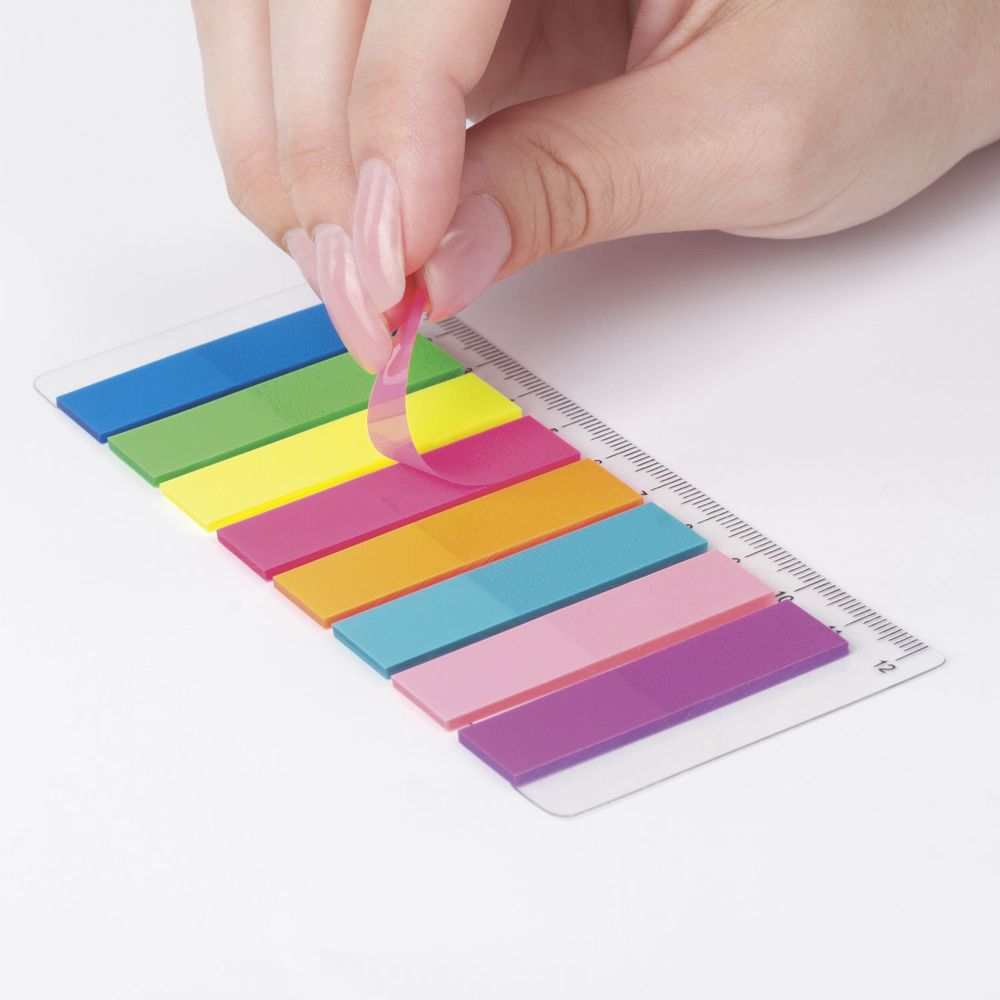 Закладки клейкие неоновые BRAUBERG, 45х12 мм, 200 штук (8 цветов х 25 листов), на пластиковой линейке 12 см