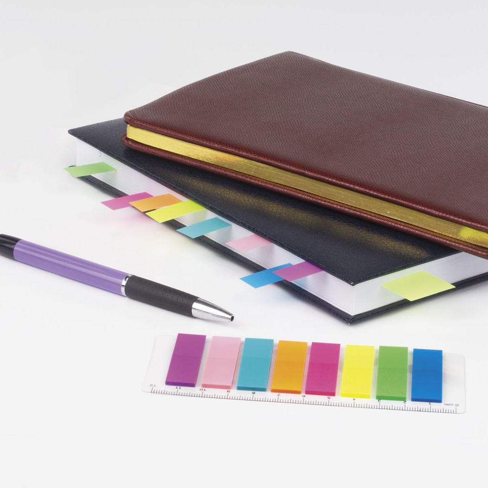 Закладки клейкие неоновые BRAUBERG, 45х12 мм, 200 штук (8 цветов х 25 листов), на пластиковой линейке 12 см