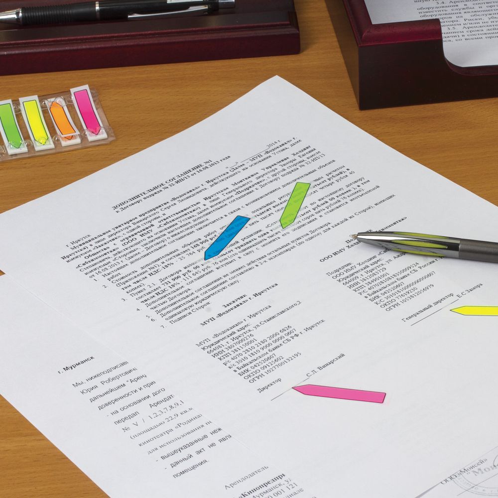 Закладки клейкие неоновые BRAUBERG, 48х10 мм, 100 штук (5 цветов х 20 листов), в пластиковом диспенсере