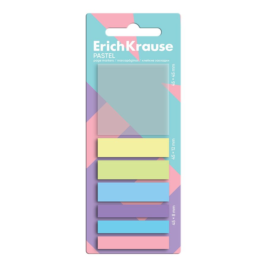 Клейкие закладки пластиковые ErichKrause Pastel, 45x45 мм, 45x12 мм, 45x8 мм, 140 листов, 7 цветов