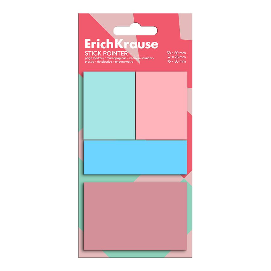 Клейкие закладки пластиковые ErichKrause Stick Pointer 38x50 мм, 76x25 мм, 76x50 мм, 80 листов, 4 цвета