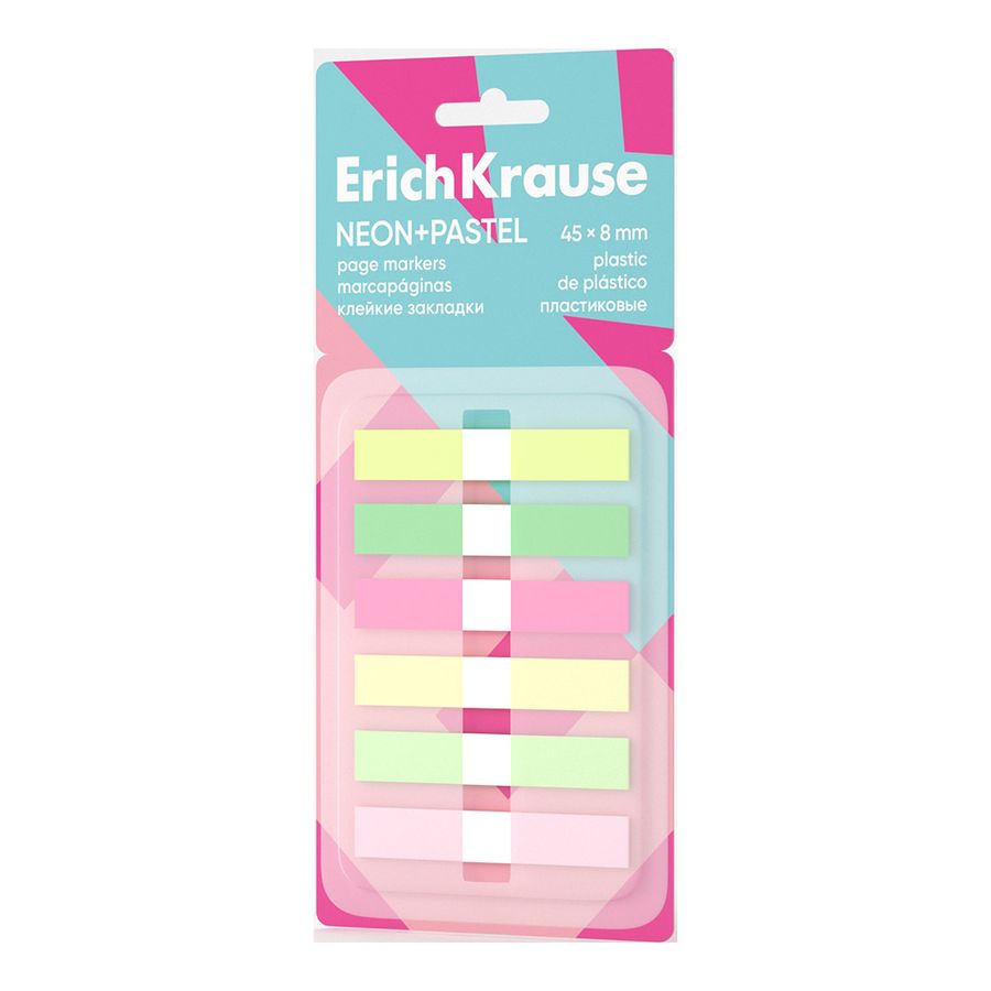 Клейкие закладки пластиковые ErichKrause Neon+Pastel, 45х8 мм, 120 листов, 6 цветов