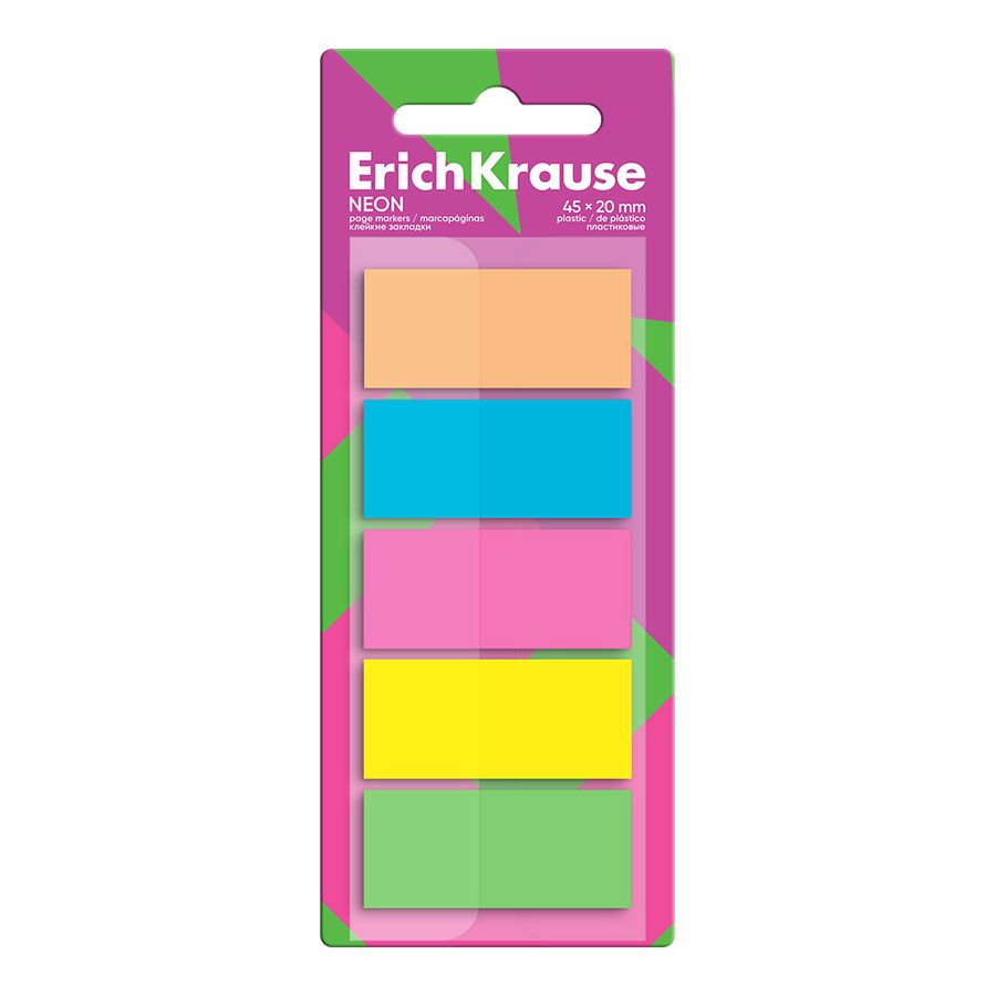 Клейкие закладки пластиковые ErichKrause Neon, 45x20 мм, 100 листов, 5 цветов