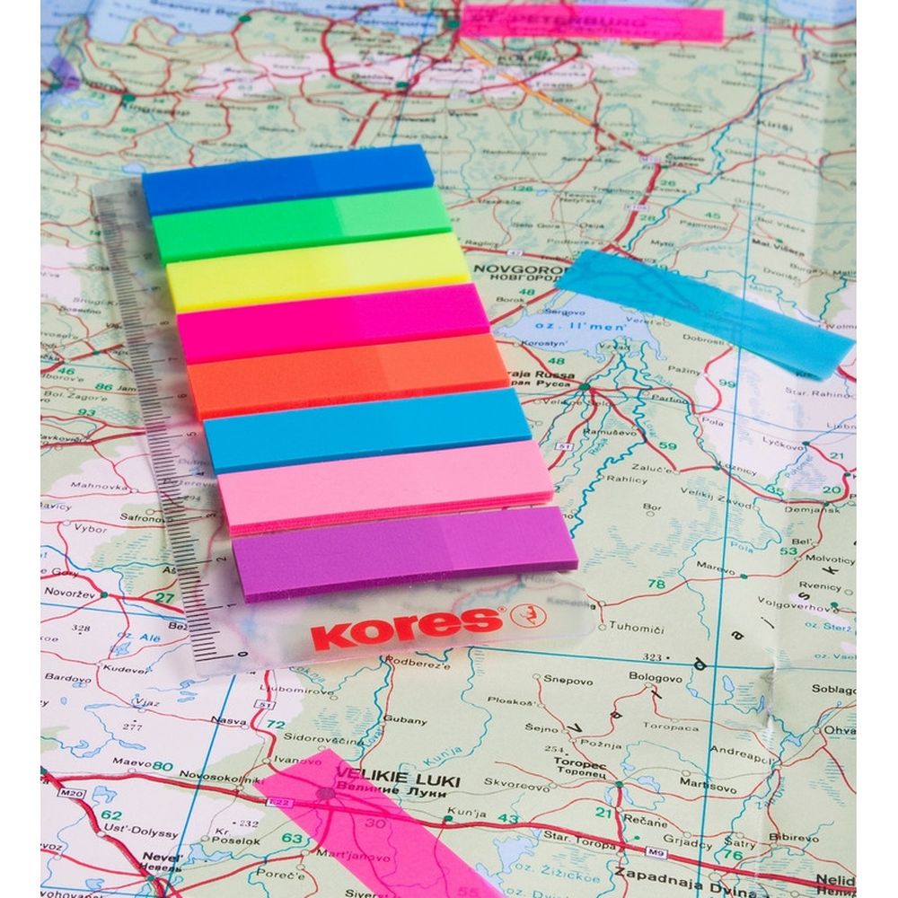 Набор закладок из пластика Kores-film на линейке, 12*45 мм, одноцвет., 8 цветов по 25 листов