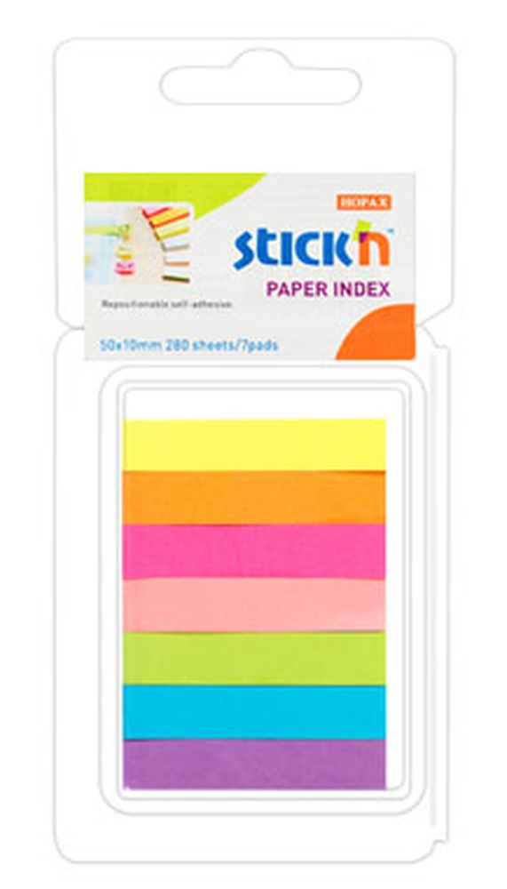Набор самоклеящихся неоновых закладок из бумаги 50*10мм, 7*40л, 7 цветов, STICK'N, HOPAX