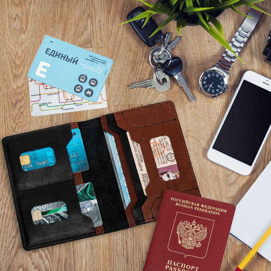 Обложка для паспорта и документов 7 в 1 натуральная кожа, без тиснения, черная, BRAUBERG