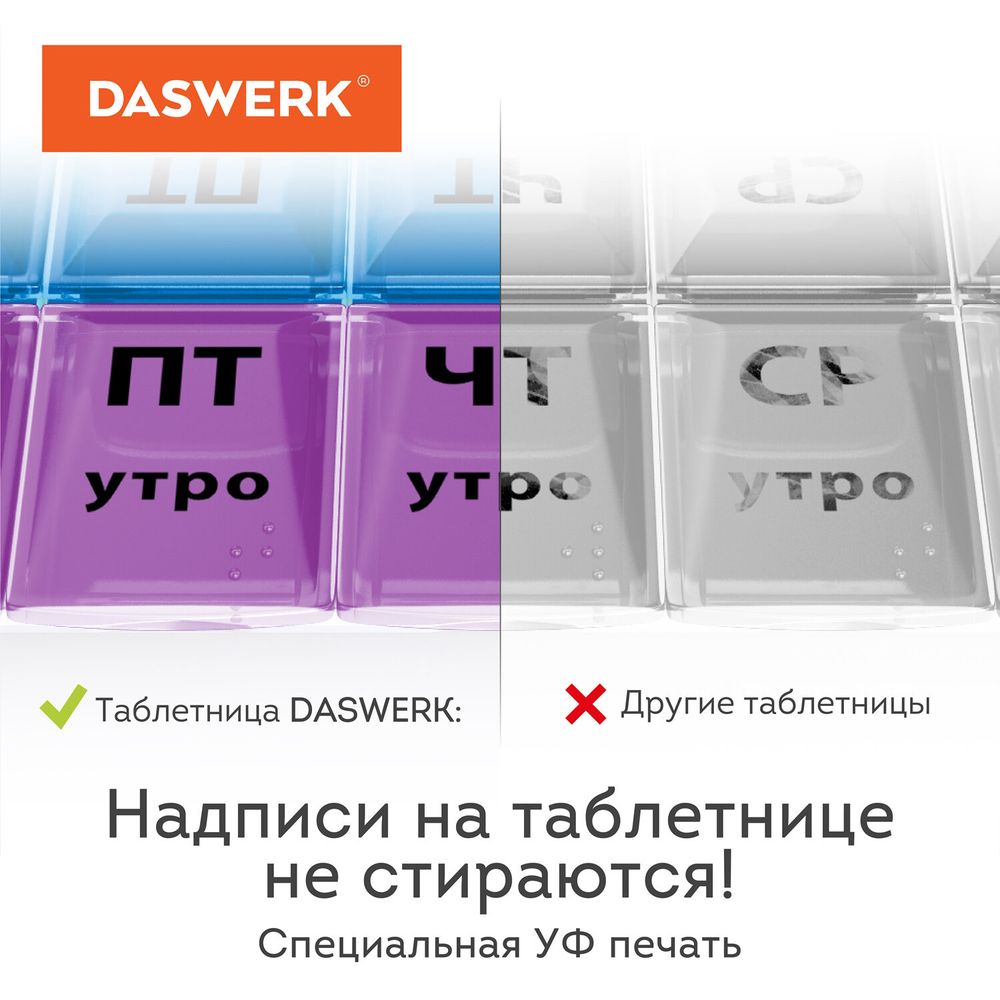 ТАБЛЕТНИЦА / Контейнер-органайзер для лекарств и витаминов, 7 дней/4 приема в чехле на кнопке, DASWERK