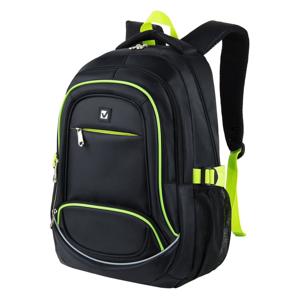 Рюкзак BRAUBERG HIGH SCHOOL универсальный, 3 отделения, "Акцент", черный/салатовый, 46х31х18 см