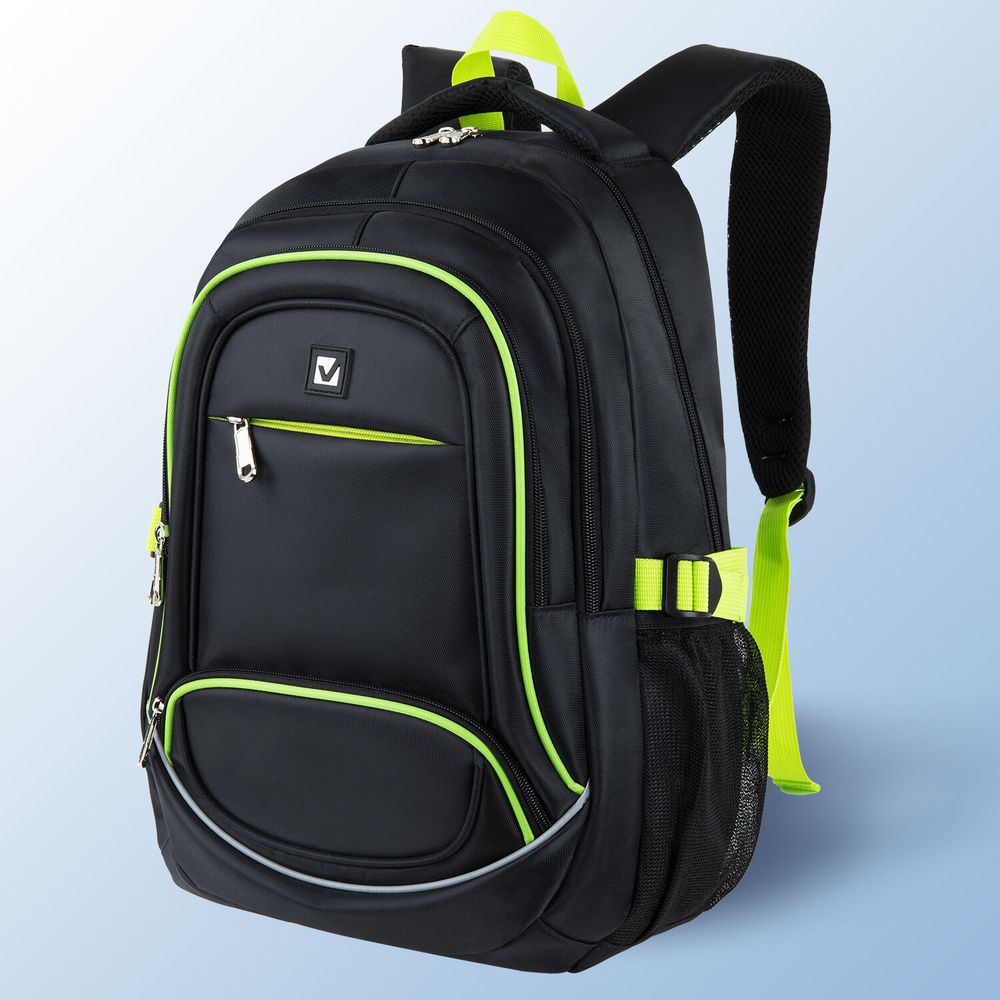 Рюкзак BRAUBERG HIGH SCHOOL универсальный, 3 отделения, "Акцент", черный/салатовый, 46х31х18 см