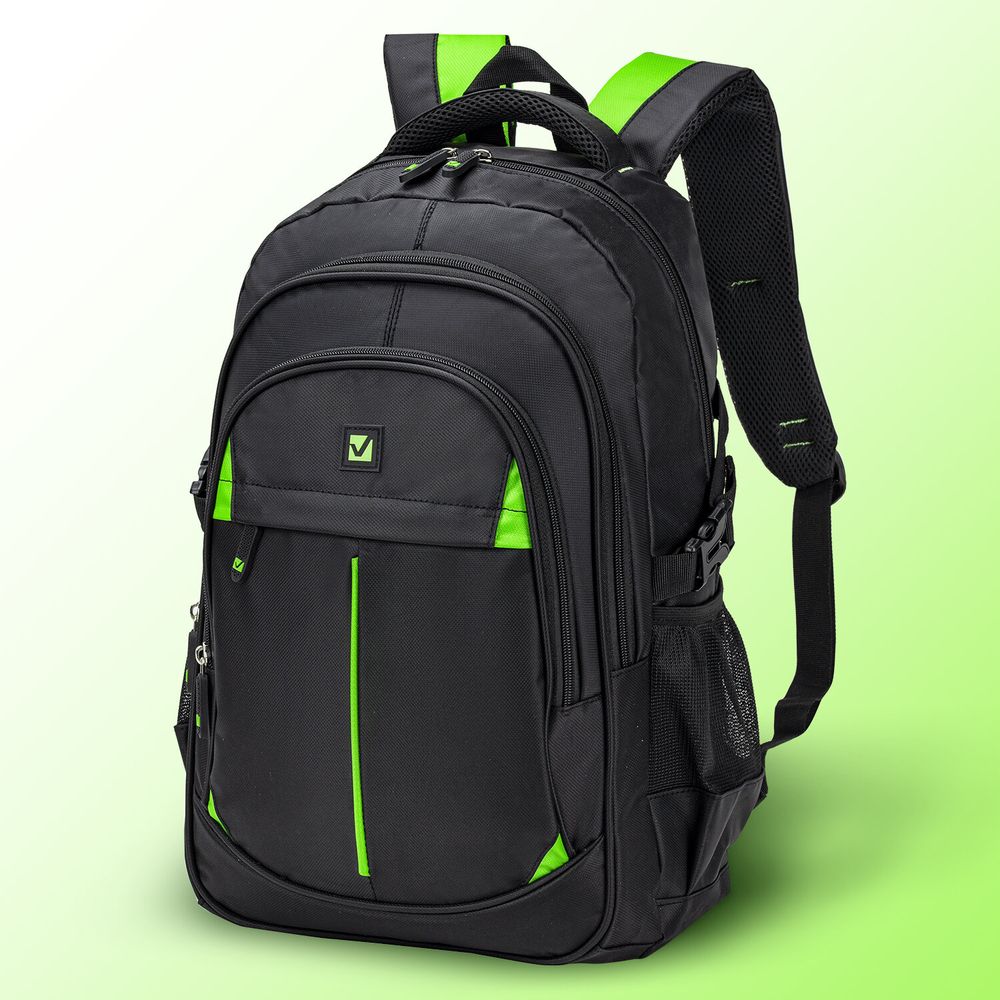 Рюкзак BRAUBERG TITANIUM универсальный, 3 отделения, черный, салатовые вставки, 45х28х18 см