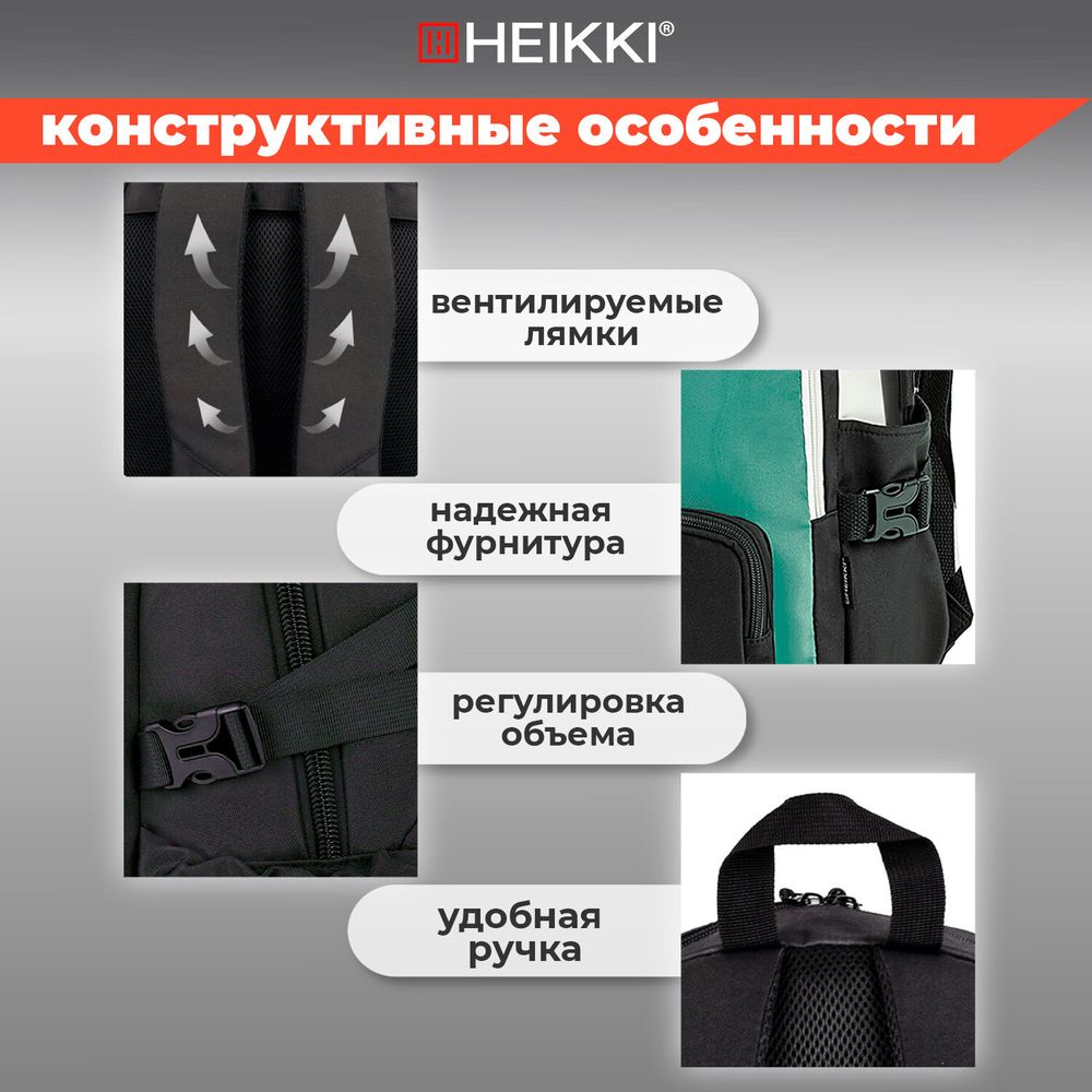 Рюкзак HEIKKI BLOCKS (ХЕЙКИ) универсальный, 2 отделения, черный/бирюзовый/бежевый, 44х32х17 см