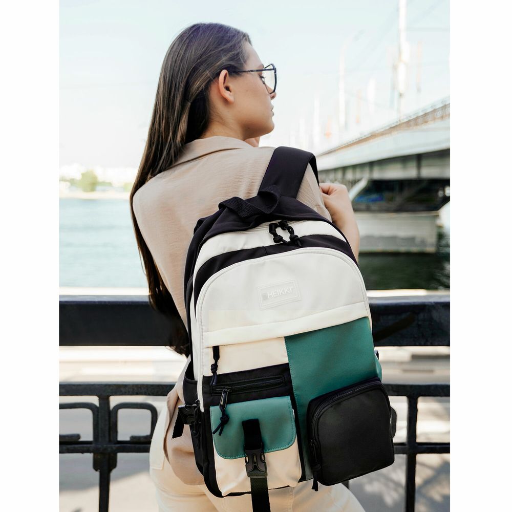 Рюкзак HEIKKI BLOCKS (ХЕЙКИ) универсальный, 2 отделения, черный/бирюзовый/бежевый, 44х32х17 см