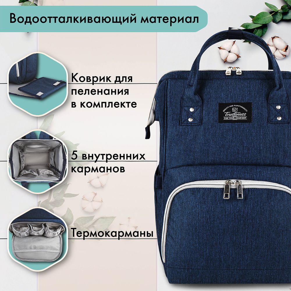 Рюкзак для мамы BRAUBERG MOMMY с ковриком, крепления на коляску, термокарманы, синий, 40x26x17 см