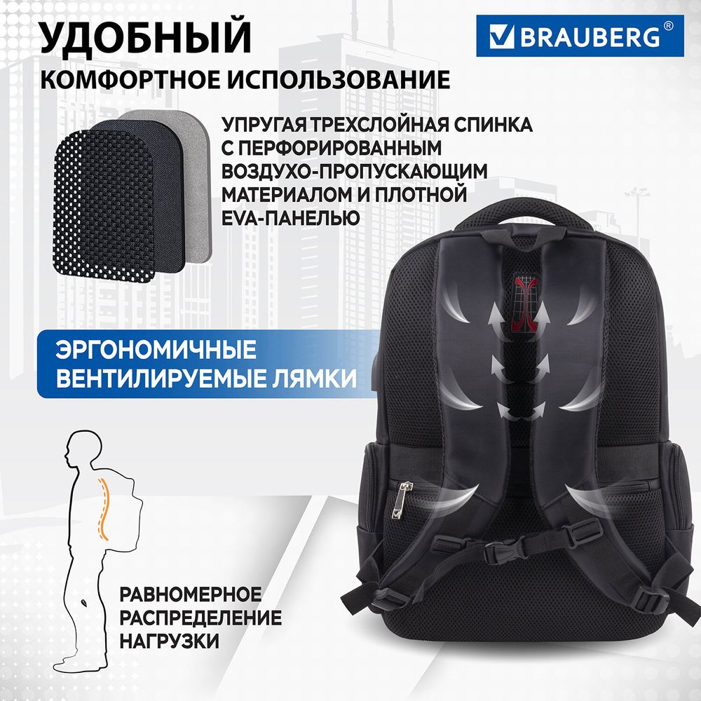 Рюкзак BRAUBERG FUNCTIONAL с отделением для ноутбука, 2 отделения, USB-порт, "Leader", 45х32х17 см