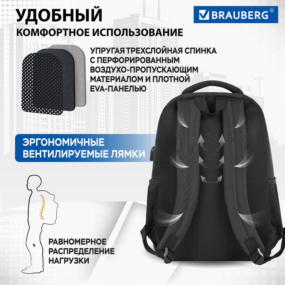 Рюкзак BRAUBERG FUNCTIONAL с отделением для ноутбука, 2 отделения, USB-порт, "Secure", 46х30х18 см