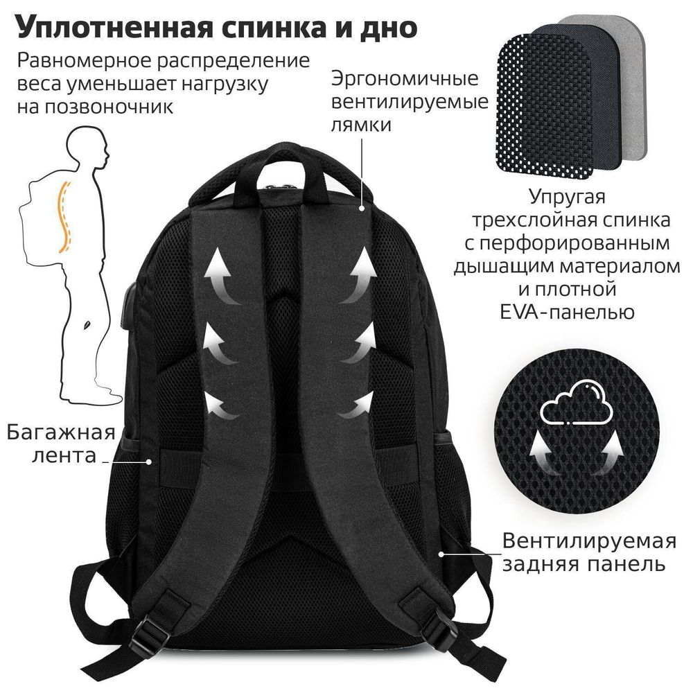 Рюкзак BRAUBERG URBAN универсальный с отделением для ноутбука, USB-порт, "Kinetic", черный, 46х31х18 см