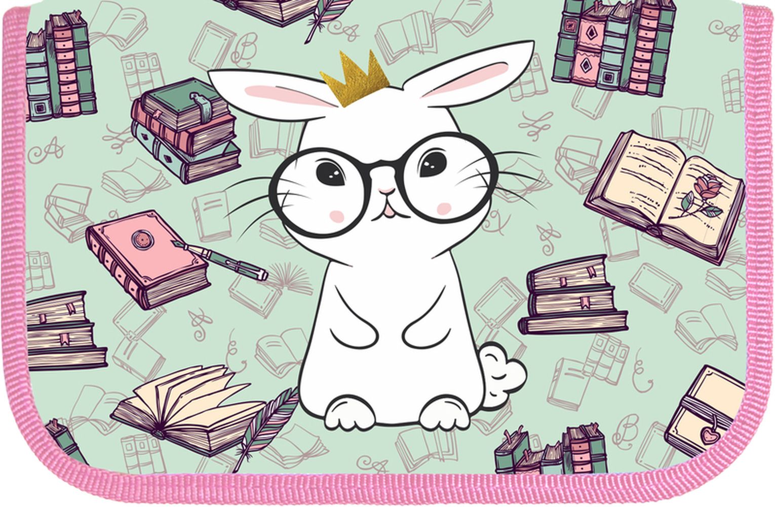 Пенал Lamark SMART Content "Умный заяц" на одно отделение, 140х210х40 мм, печать по ткани Премиум, с косметичкой и карманом для смартфона внутри, на 36 предметов