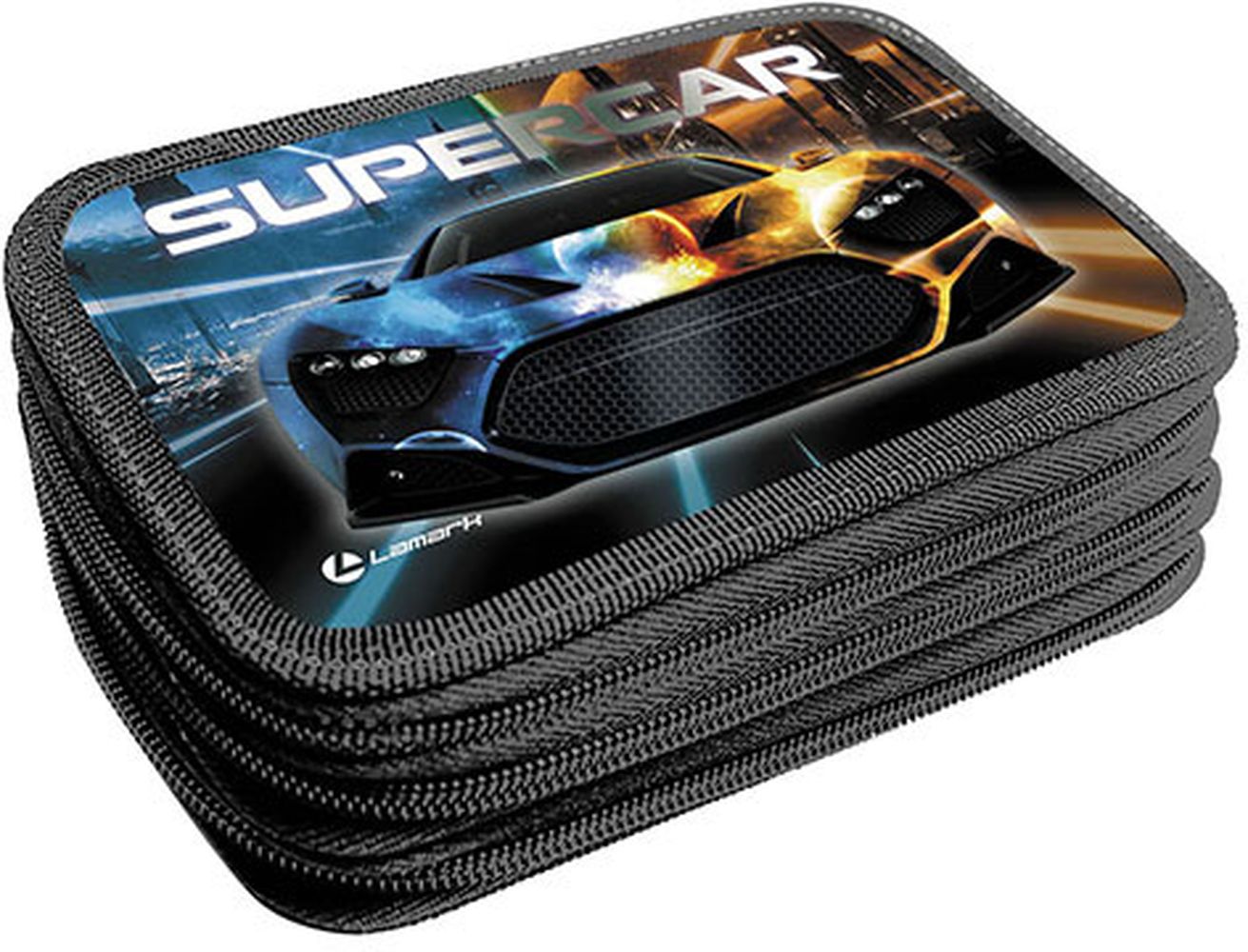 Пенал Lamark Supercar, 3 отделения, на 53 предмета, 125х205х40 мм, ламинированный картон, три молнии