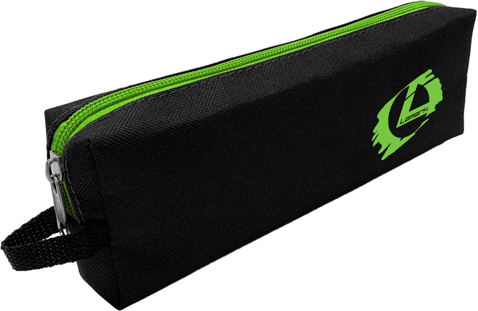 Пенал Lamark на 1 отделение, с ручкой, 21х7х3,5 см, черный, молния и лого св.-зеленые