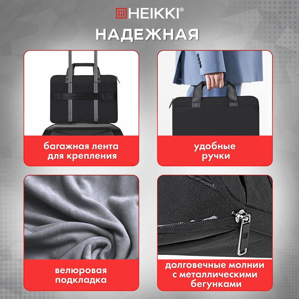 Сумка портфель HEIKKI ULTRA (ХЕЙКИ) с отделением для ноутбука 15,6", Total black, черная, 28х39х3 см