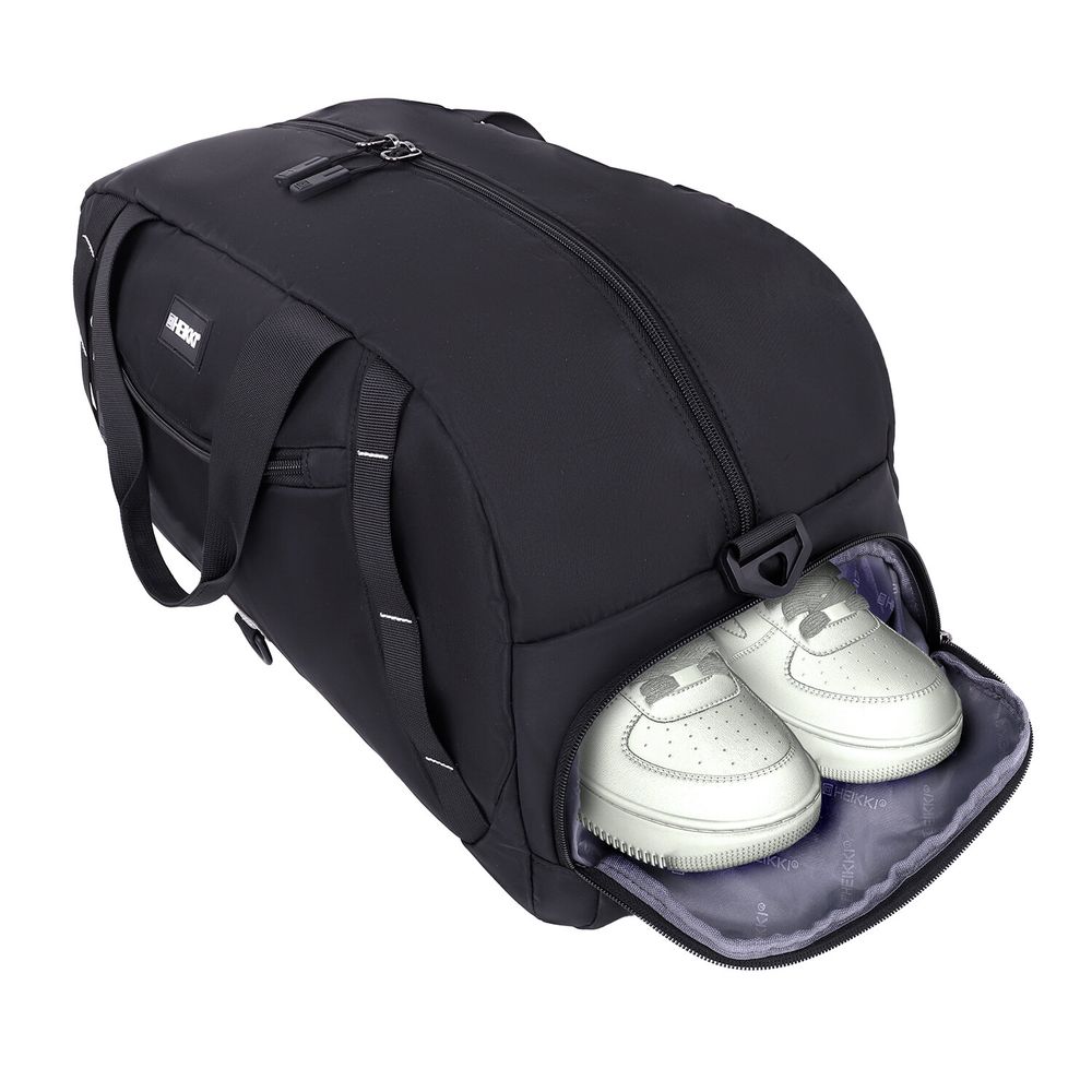 Сумка спортивная HEIKKI MOVE PLUS (ХЕЙКИ) с отделением для обуви, черная с серыми вставками, 26х51х27 см