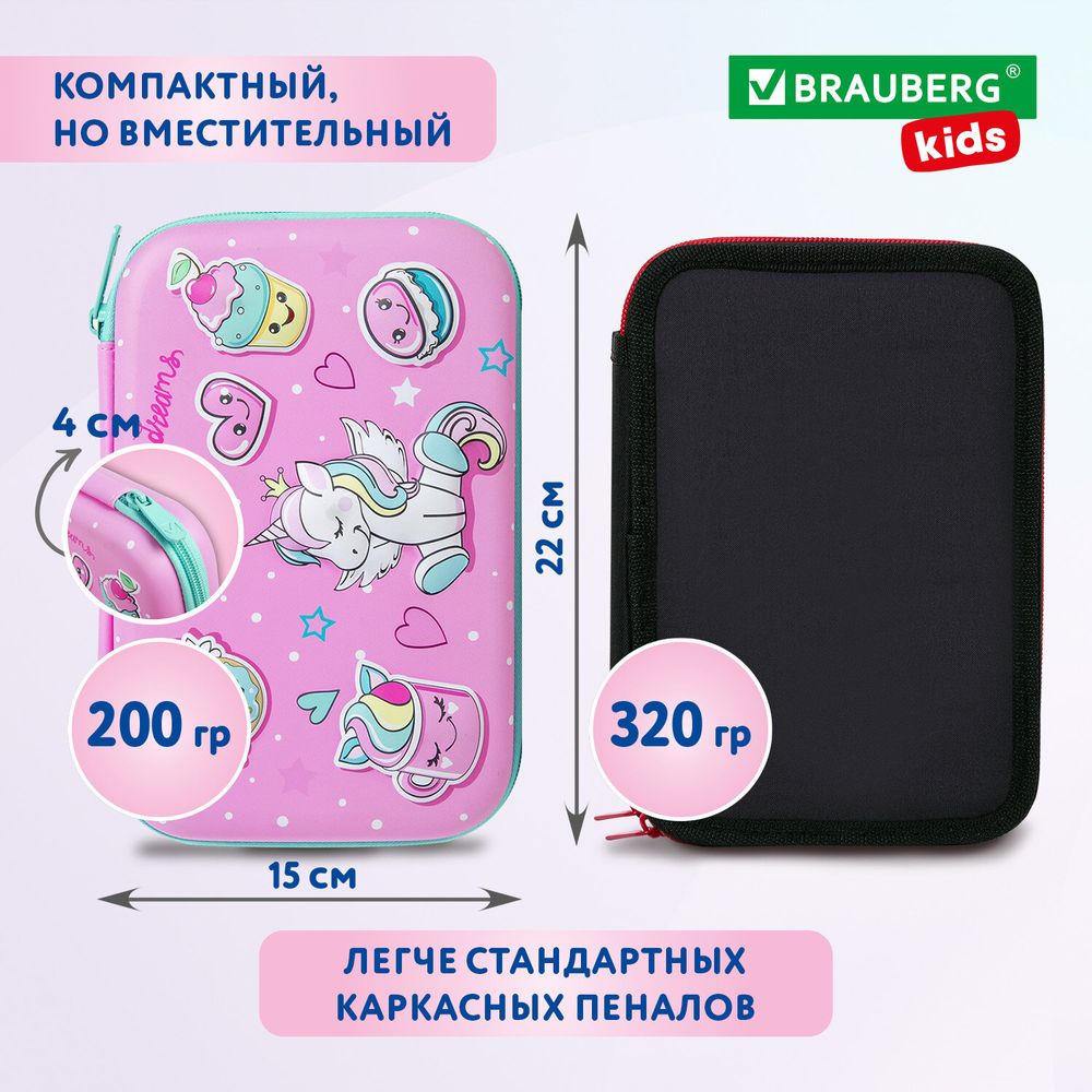 Пенал BRAUBERG KIDS большой удобный с откидной планкой, EVA, 22х15х4 см, "Unicorn dreams"