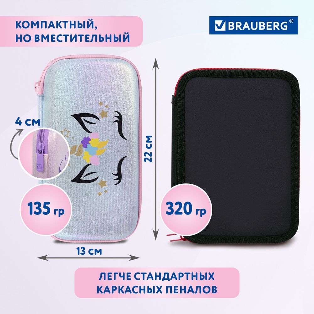 Пенал BRAUBERG SHINY, 1 отделение, 1 откидная планка, EVA, 22х13х4 см, "Unicorn"