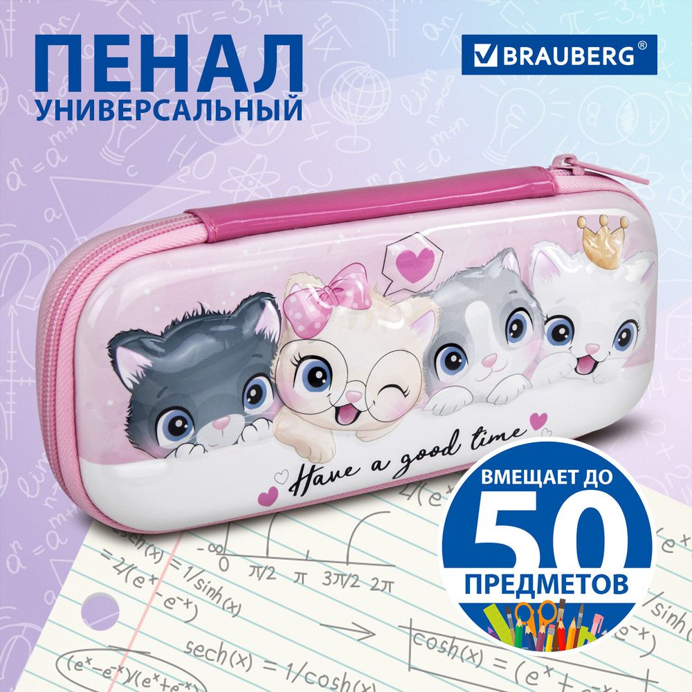 Пенал BRAUBERG, 1 отделение, 1 откидная планка, EVA 3D, 22х10х5 см, "Cats"