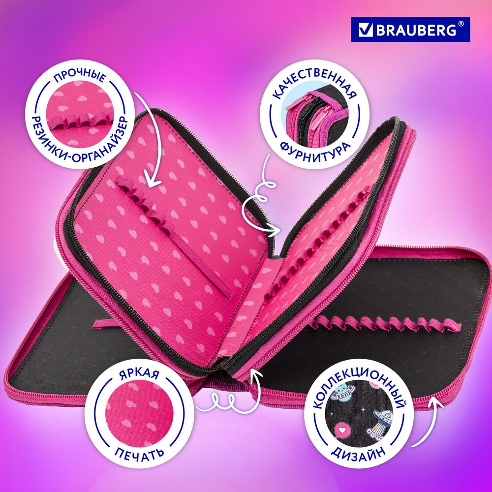 Пенал BRAUBERG, 3 отделения, полиэстер, 21х14 см, "Space sweets"