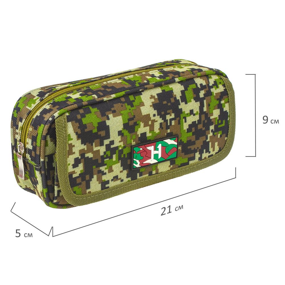 Пенал BRAUBERG для мальчиков, 1 отделение, органайзер, мягкий, "Military", зеленый, 21х5х9 см