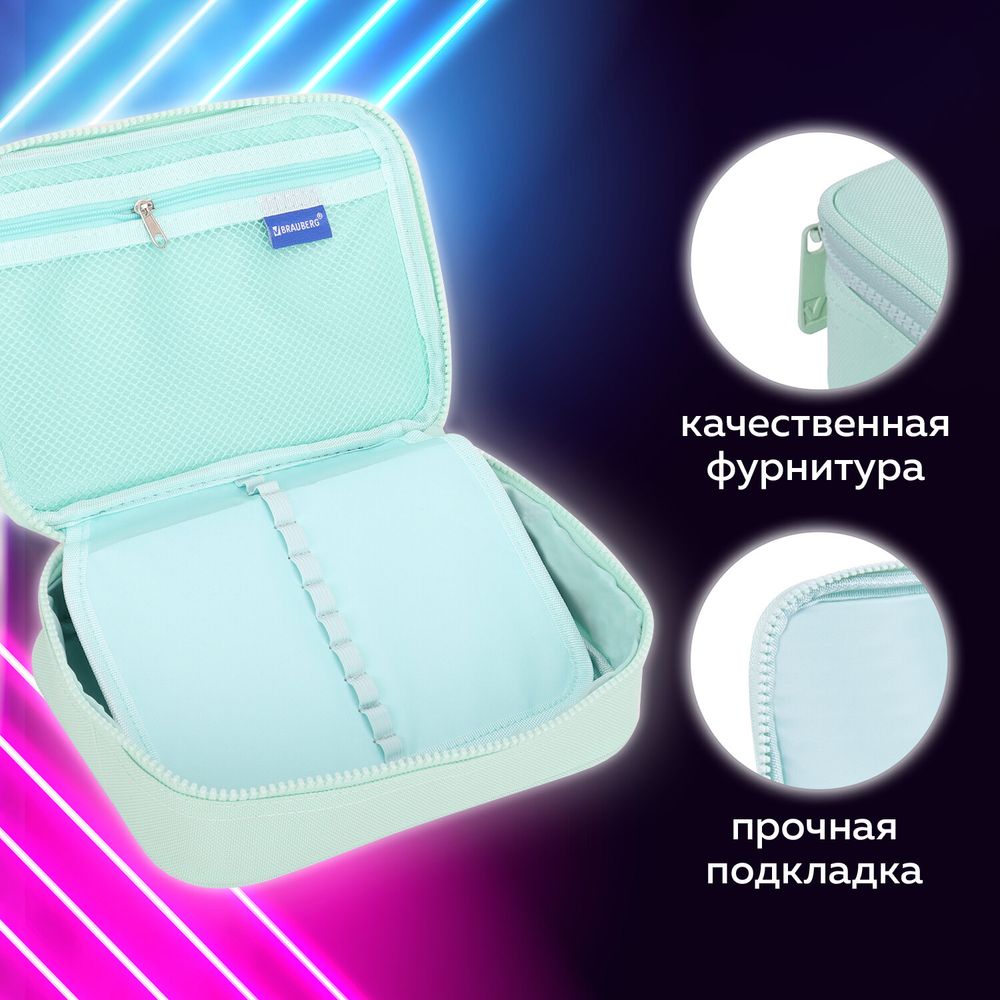 Пенал-косметичка BRAUBERG БОЛЬШОЙ, 1 отделение, 1 откидная планка, ткань, 21x15x6 см, "Mint"