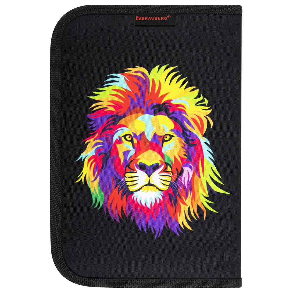 Пенал BRAUBERG с наполнением, 1 отделение, 1 откидная планка, 24 предмета, 21х14 см, "Colorful lion"