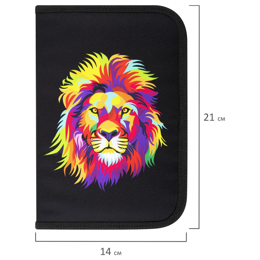 Пенал BRAUBERG с наполнением, 1 отделение, 1 откидная планка, 24 предмета, 21х14 см, "Colorful lion"