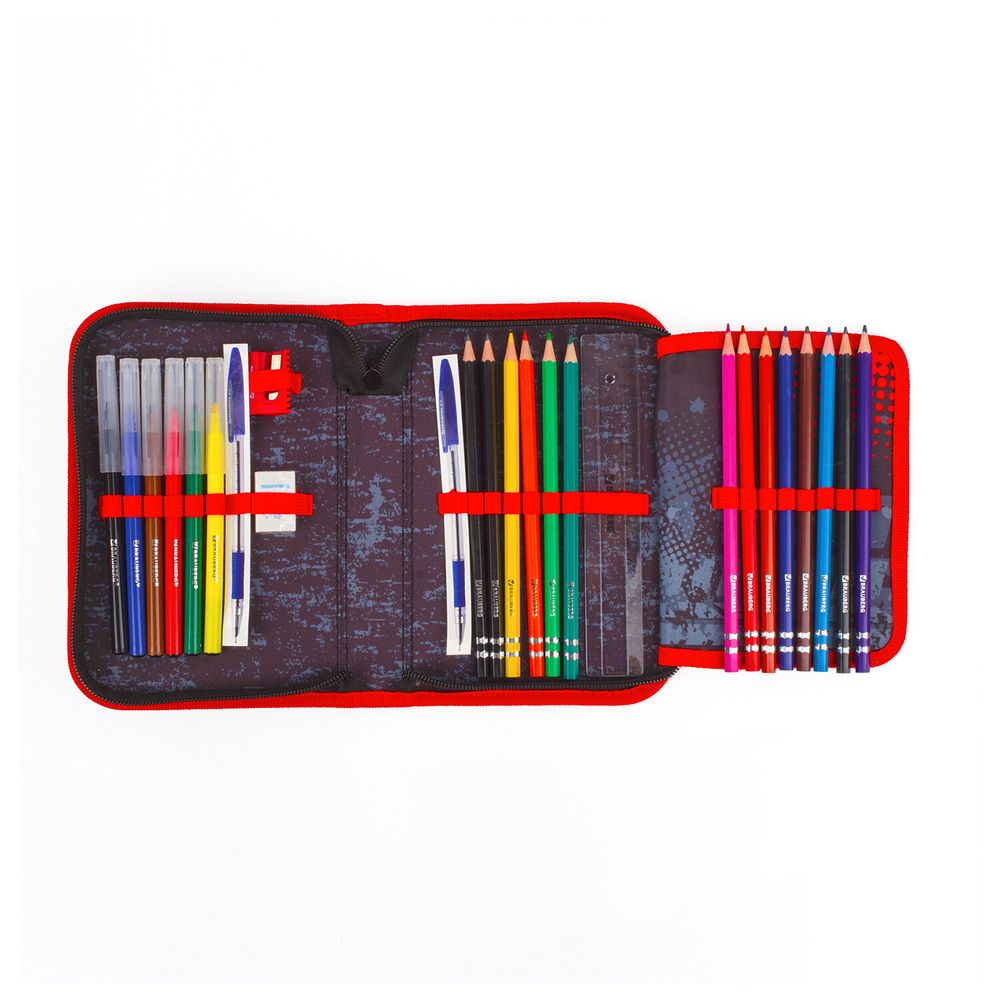 Пенал BRAUBERG с наполнением, 1 отделение, 1 откидная планка, 24 предмета, 21х14 см, "Yellow car"