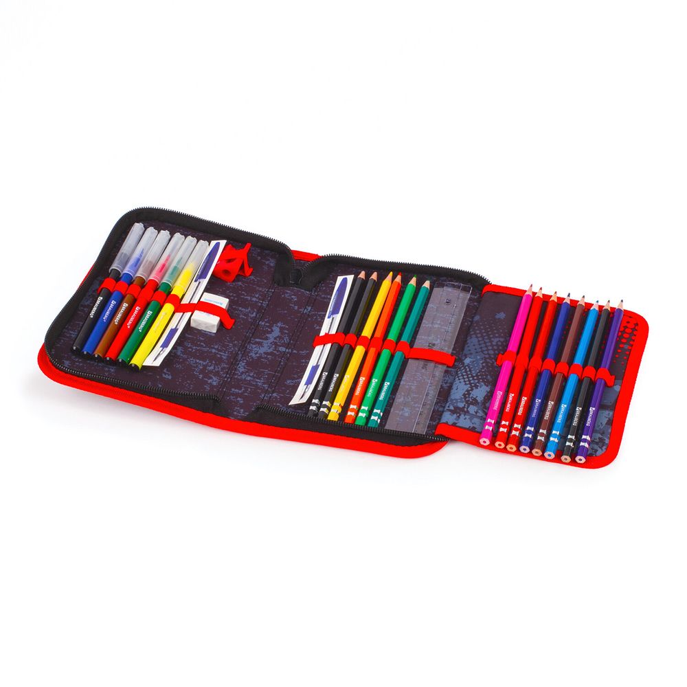 Пенал BRAUBERG с наполнением, 1 отделение, 1 откидная планка, 24 предмета, 21х14 см, "Yellow car"