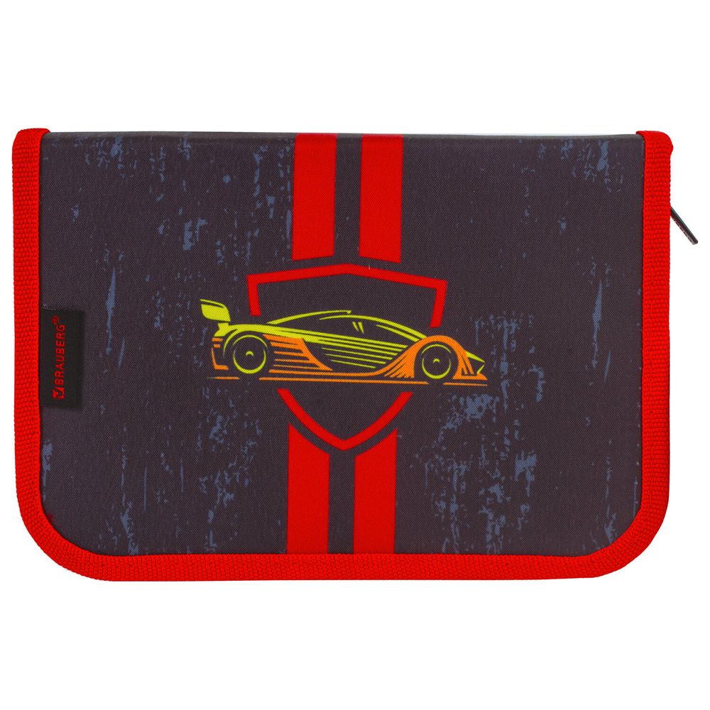 Пенал BRAUBERG с наполнением, 1 отделение, 1 откидная планка, 24 предмета, 21х14 см, "Yellow car"