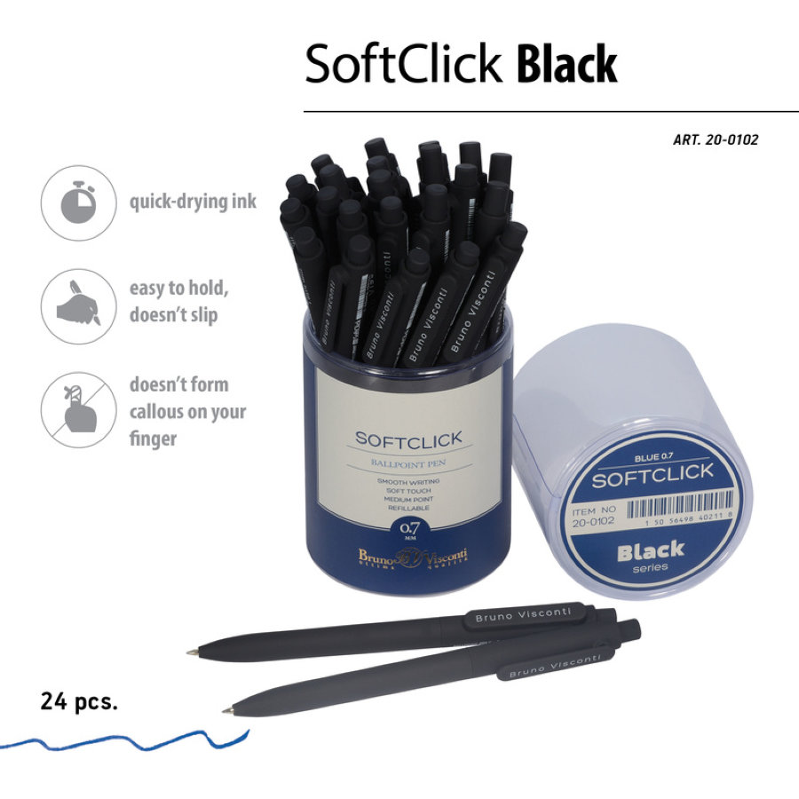 Ручка шариковая автоматическая Bruno Visconti SoftClick Black, синий, цвет корпуса черный ,0.5 мм 