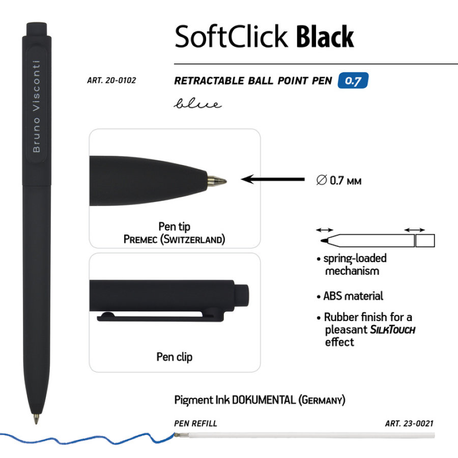 Ручка шариковая автоматическая Bruno Visconti SoftClick Black, синий, цвет корпуса черный ,0.5 мм 