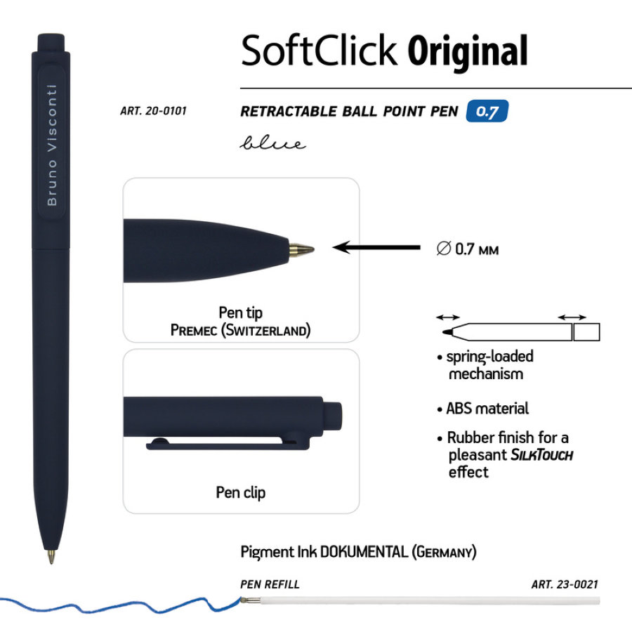 Ручка шариковая автоматическая Bruno Visconti SoftClick Original синяя (толщина линии 0.7 мм) 